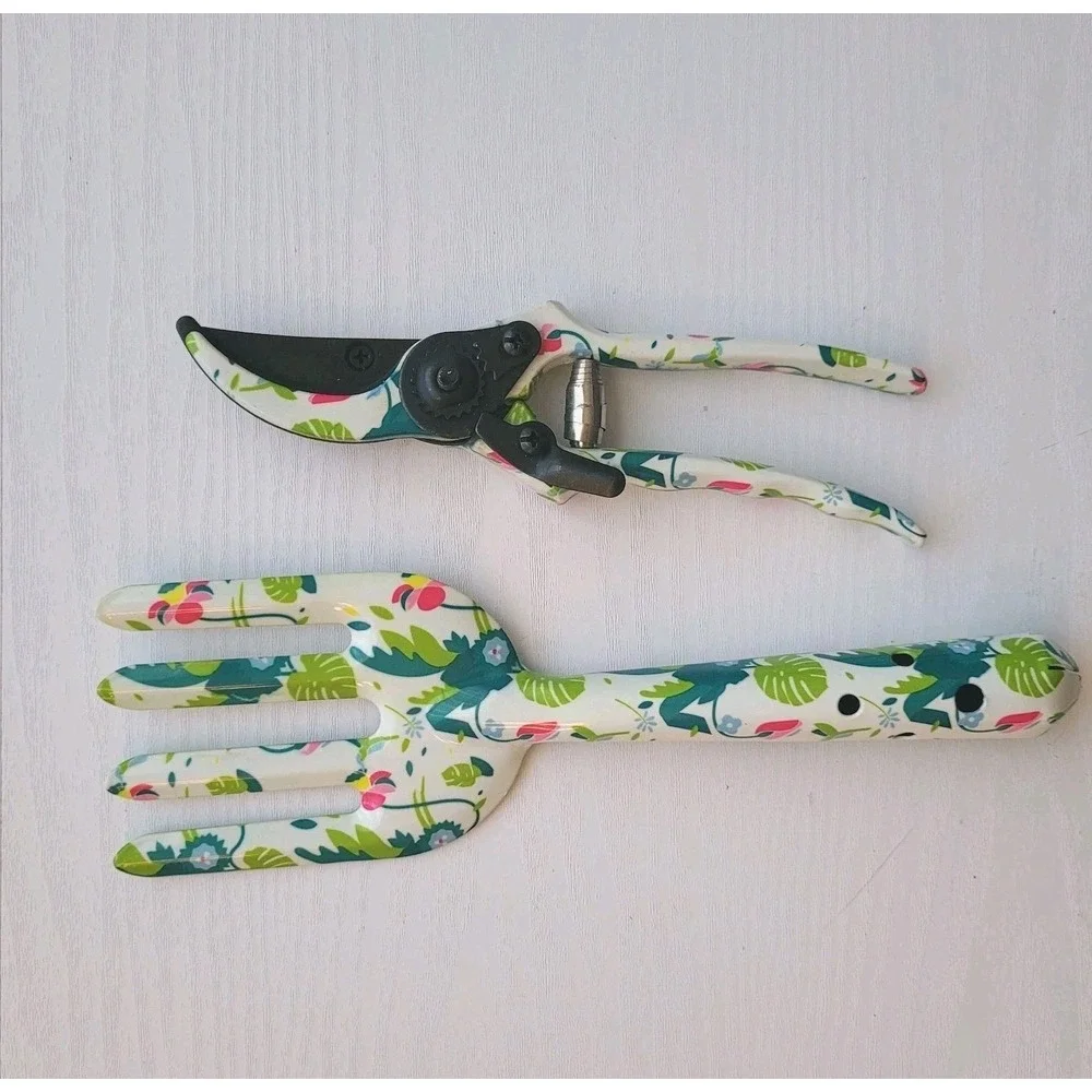 2-Piece Floral Garden Tools hand fork & Pruning Shears Decorative Print Aluminum
